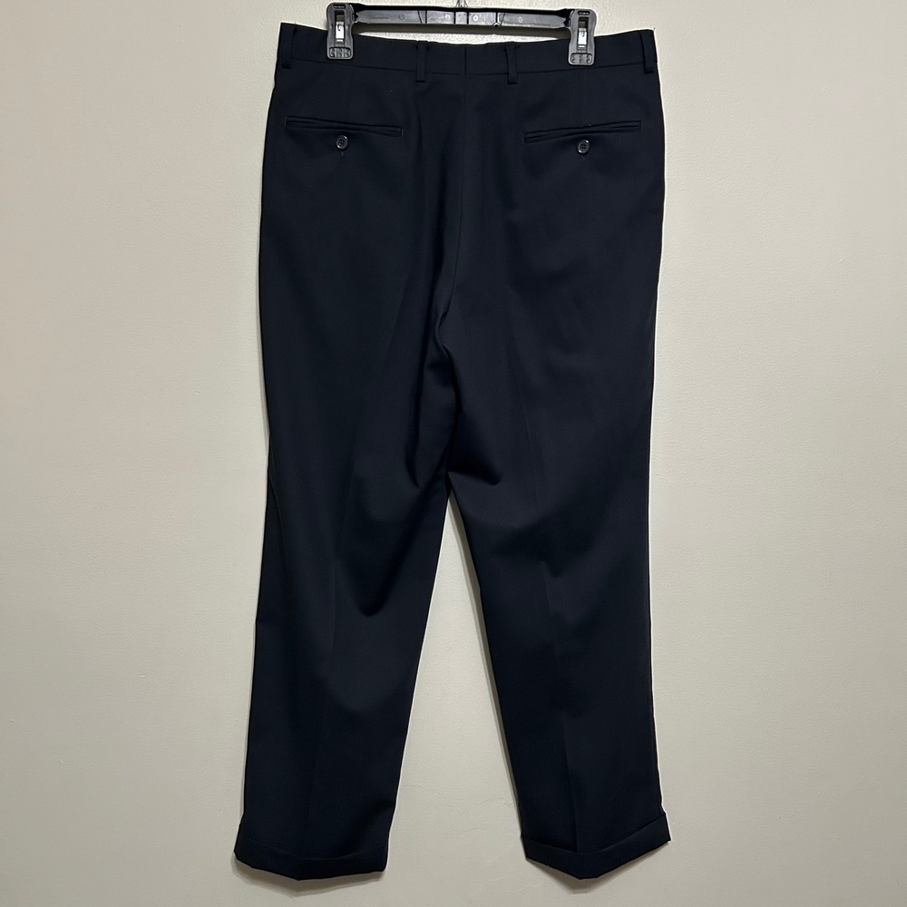 T. Harris Men's Dress Pants 34X29 Navy Blue Excellent 100% Wool Cuffed Trousers - Picture 2 of 11